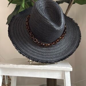 Steve Madden Black Wide Brim Straw Hat with Tortoise Chain Detail